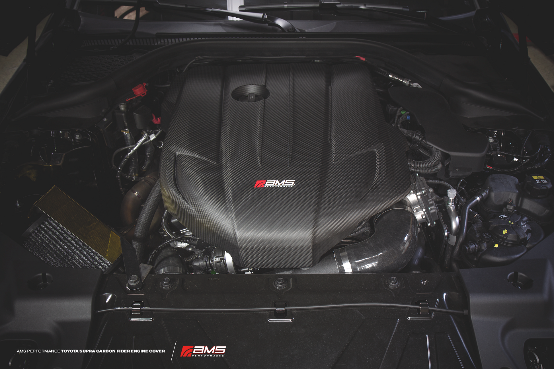 AMS Performance 2020+ Toyota GR Supra Carbon Fiber Engine Cover for the MK5 Toyota Supra GR A90 MKV  - Matte Carbon Front Profile Installed 
