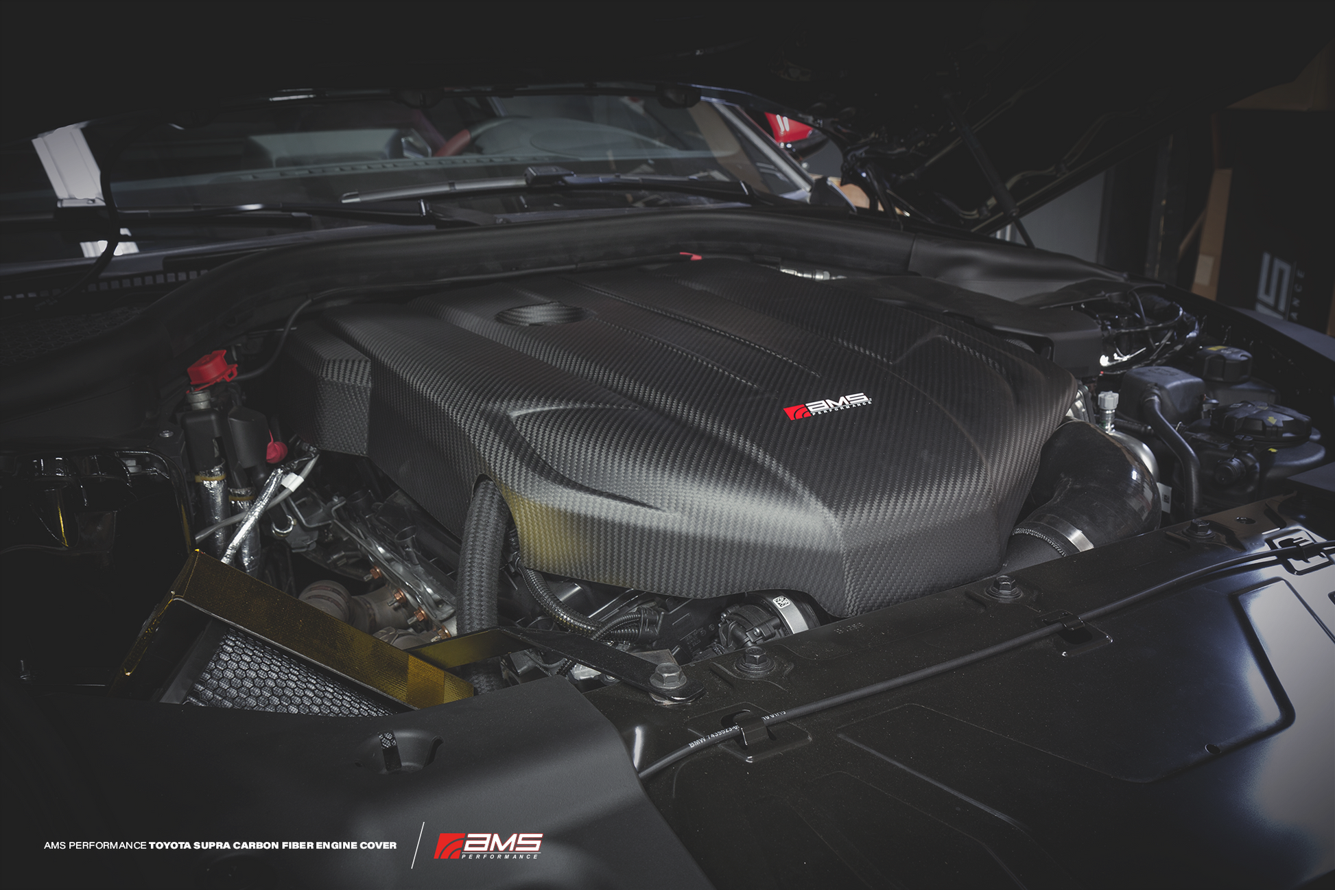 AMS Performance 2020+ Toyota GR Supra Carbon Fiber Engine Cover for the MK5 Toyota Supra GR A90 MKV  - Matte Carbon Installed in Engine Bay